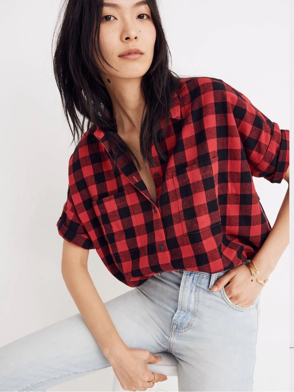 Madewell Red and Black Plaid Button-Down Shirt